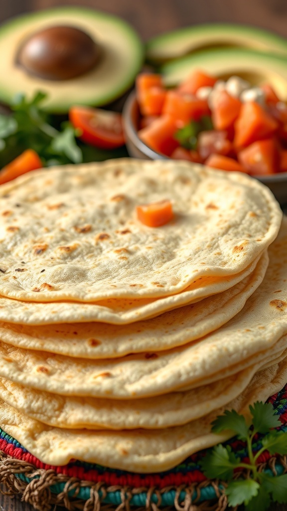 A stack of warm corn tortillas on a colorful cloth with fresh toppings in the background.